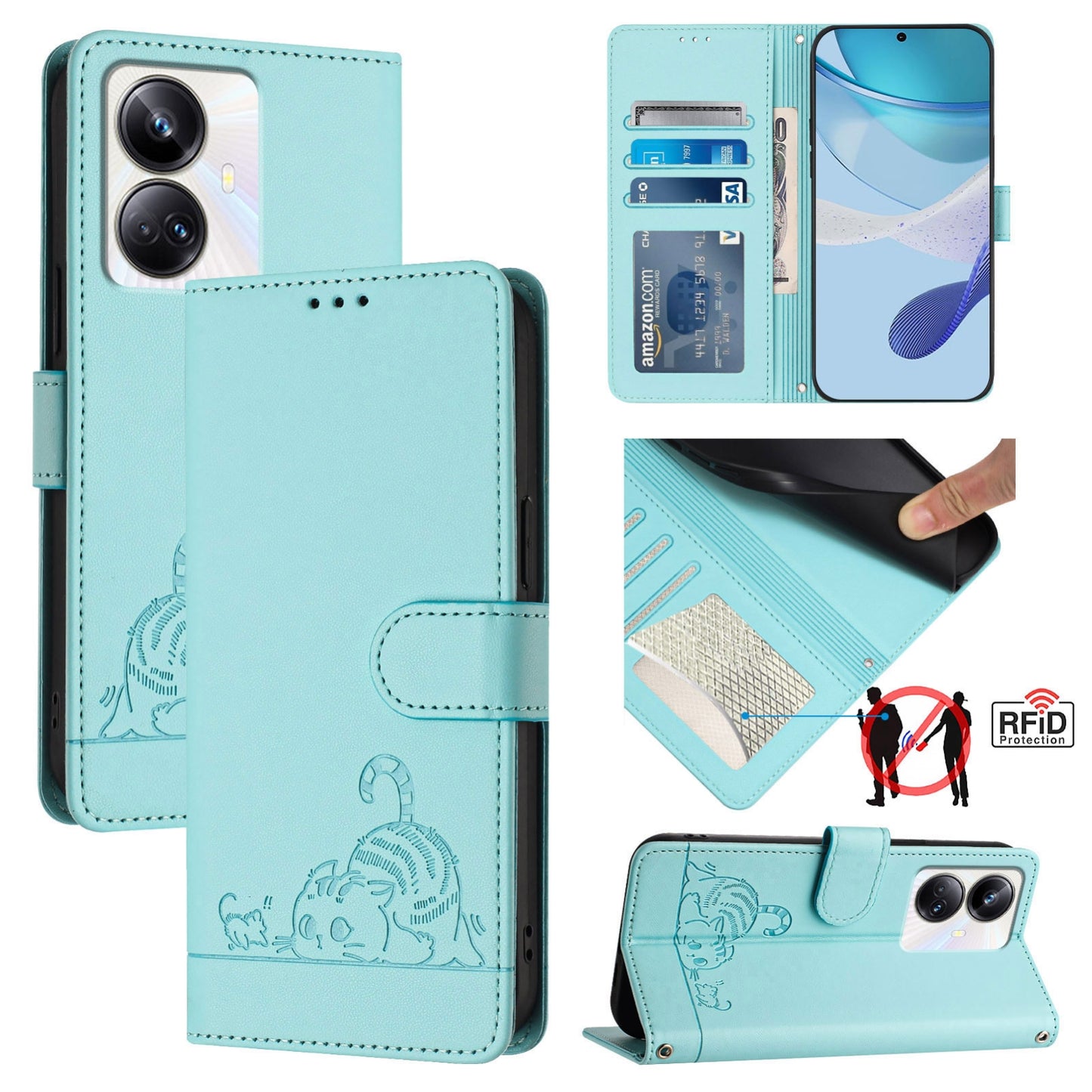 Realme 10 Pro+ 5G Cat and Mouse Embossed PU Leather RFID Case with Wallet Slots, Anti-Fall Protection, Kickstand, and Lanyard-buycases.co.uk
