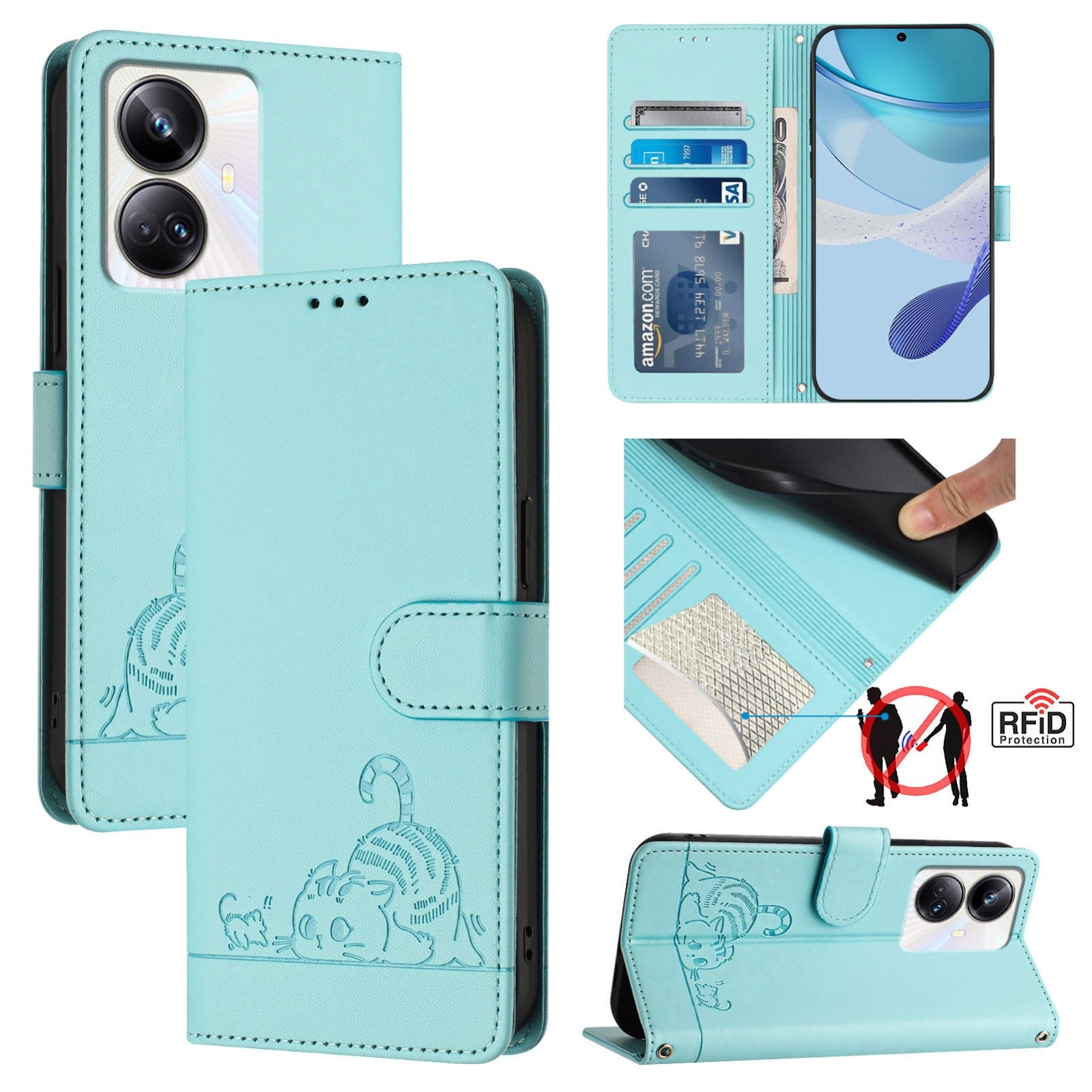 Realme 10 Pro+ 5G Cat and Mouse Embossed PU Leather RFID Case with Wallet Slots, Anti-Fall Protection, Kickstand, and Lanyard-buycases.co.uk