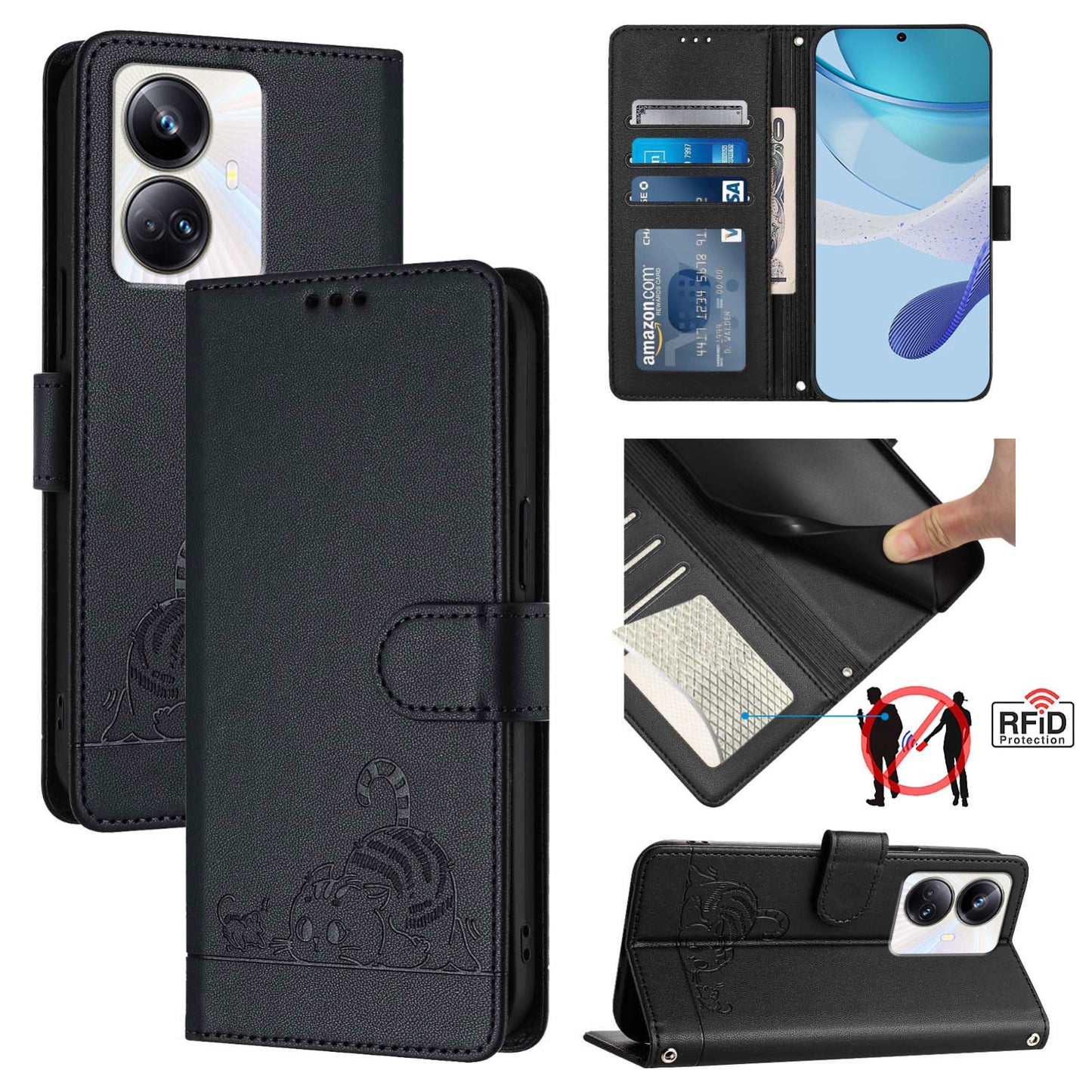 Realme 10 Pro+ 5G Cat and Mouse Embossed PU Leather RFID Case with Wallet Slots, Anti-Fall Protection, Kickstand, and Lanyard-buycases.co.uk