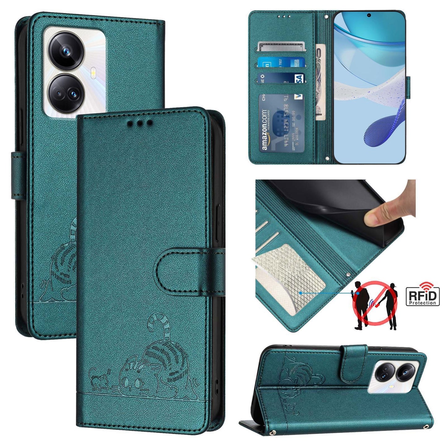 Realme 10 Pro+ 5G Cat and Mouse Embossed PU Leather RFID Case with Wallet Slots, Anti-Fall Protection, Kickstand, and Lanyard-buycases.co.uk