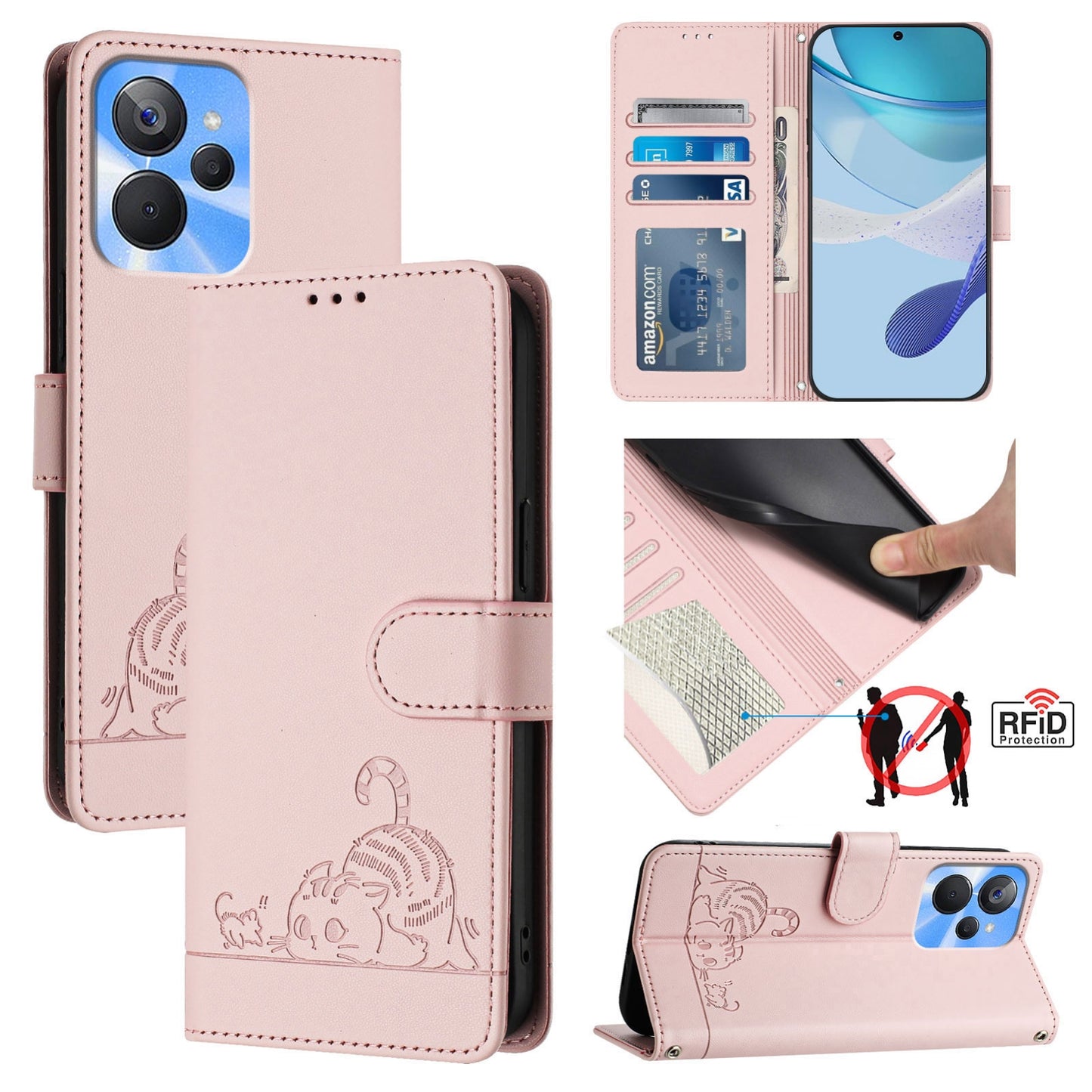Realme 10T 5G Cat and Mouse Embossed PU Leather RFID Case with Wallet Slots, Anti-Fall Protection, Kickstand, and Lanyard-buycases.co.uk