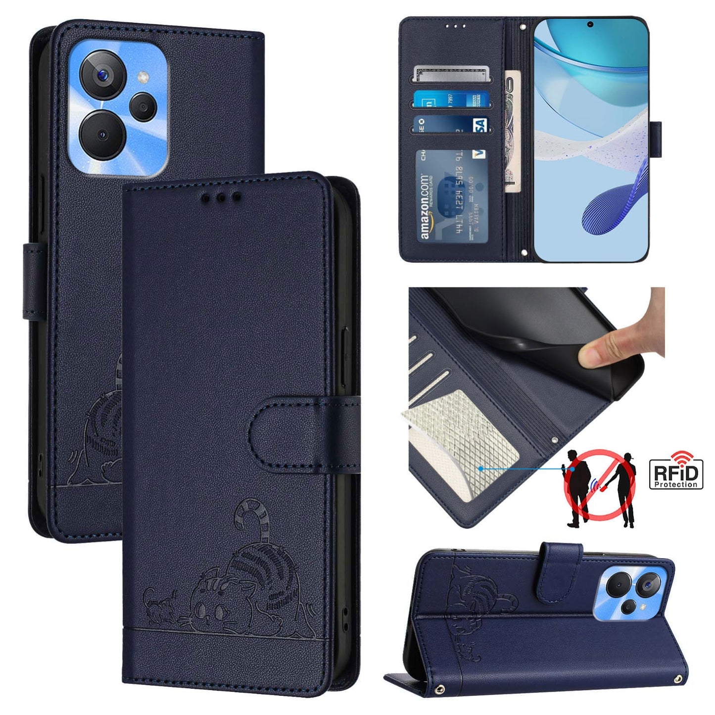 Realme 10T 5G Cat and Mouse Embossed PU Leather RFID Case with Wallet Slots, Anti-Fall Protection, Kickstand, and Lanyard-buycases.co.uk