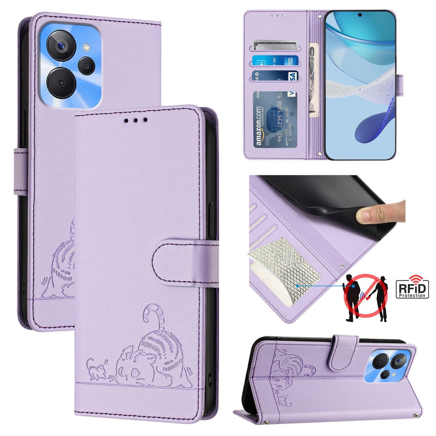 Realme 10T 5G Cat and Mouse Embossed PU Leather RFID Case with Wallet Slots, Anti-Fall Protection, Kickstand, and Lanyard-buycases.co.uk
