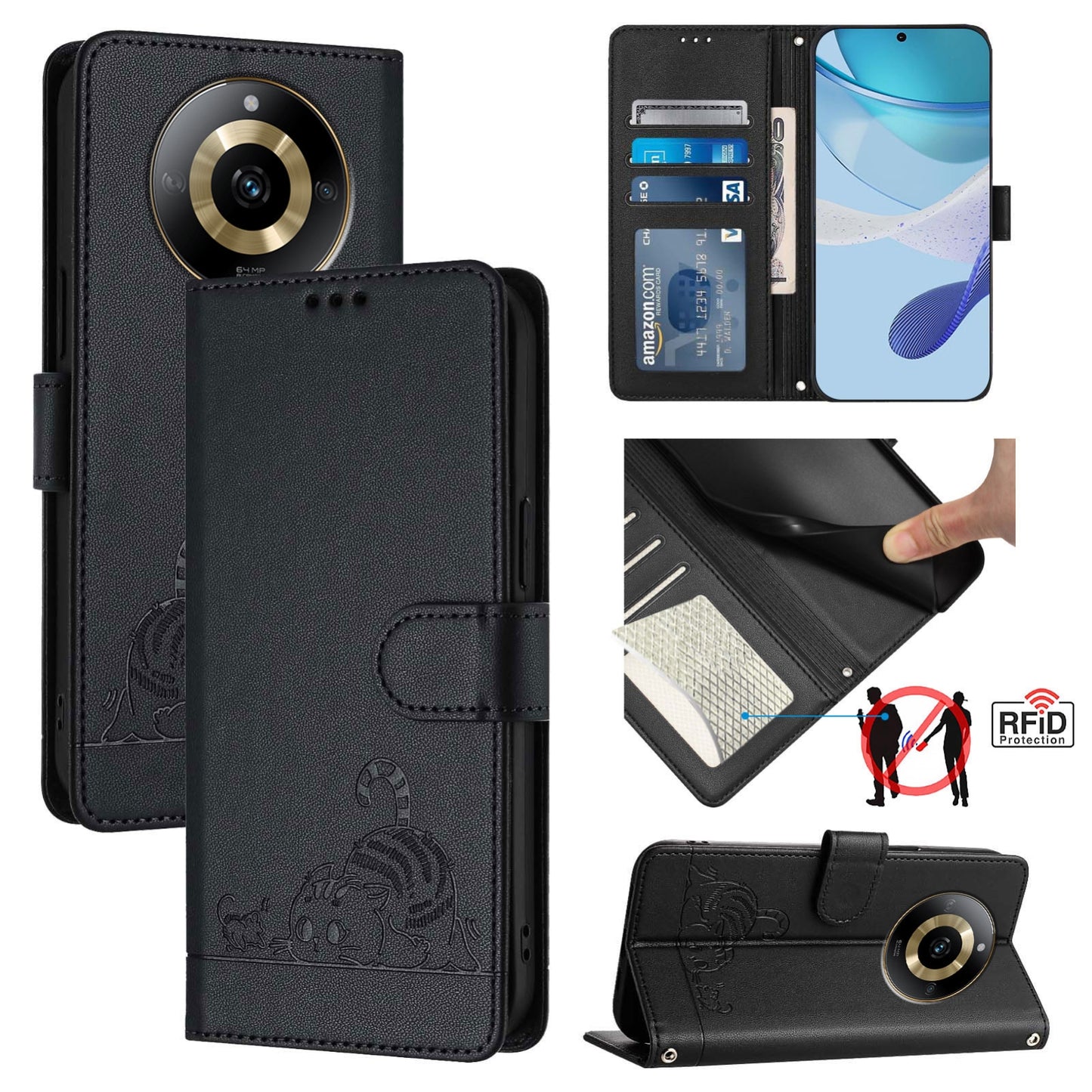 Realme 11 4G Global Cat and Mouse Embossed PU Leather RFID Case with Wallet Slots, Anti-Fall Protection, Kickstand, and Lanyard-buycases.co.uk