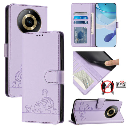 Realme 11 4G Global Cat and Mouse Embossed PU Leather RFID Case with Wallet Slots, Anti-Fall Protection, Kickstand, and Lanyard-buycases.co.uk