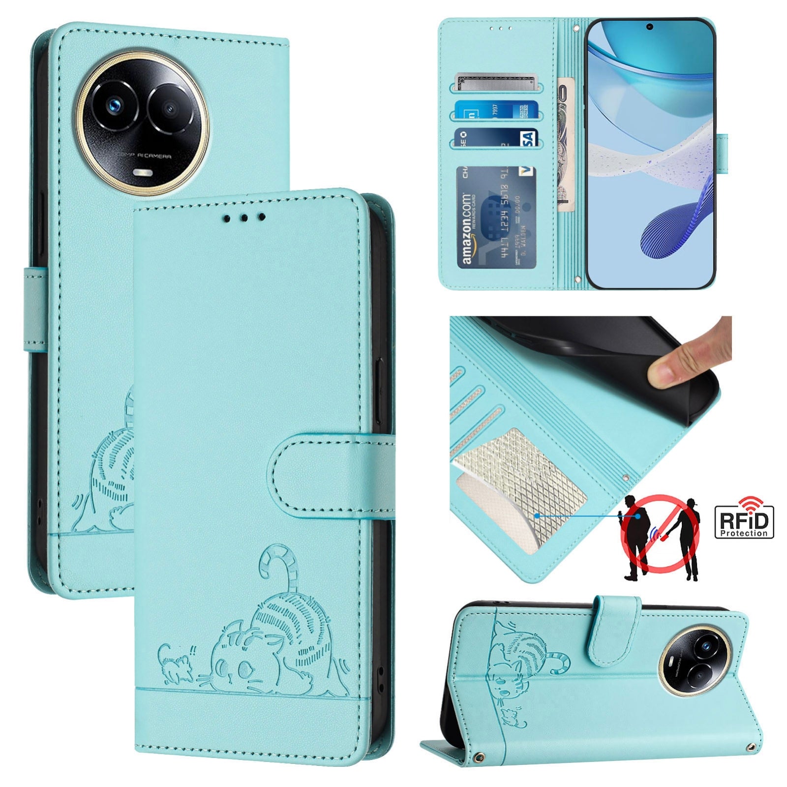 Realme 11 5G Global Cat and Mouse Embossed PU Leather RFID Case with Wallet Slots, Anti-Fall Protection, Kickstand, and Lanyard-buycases.co.uk