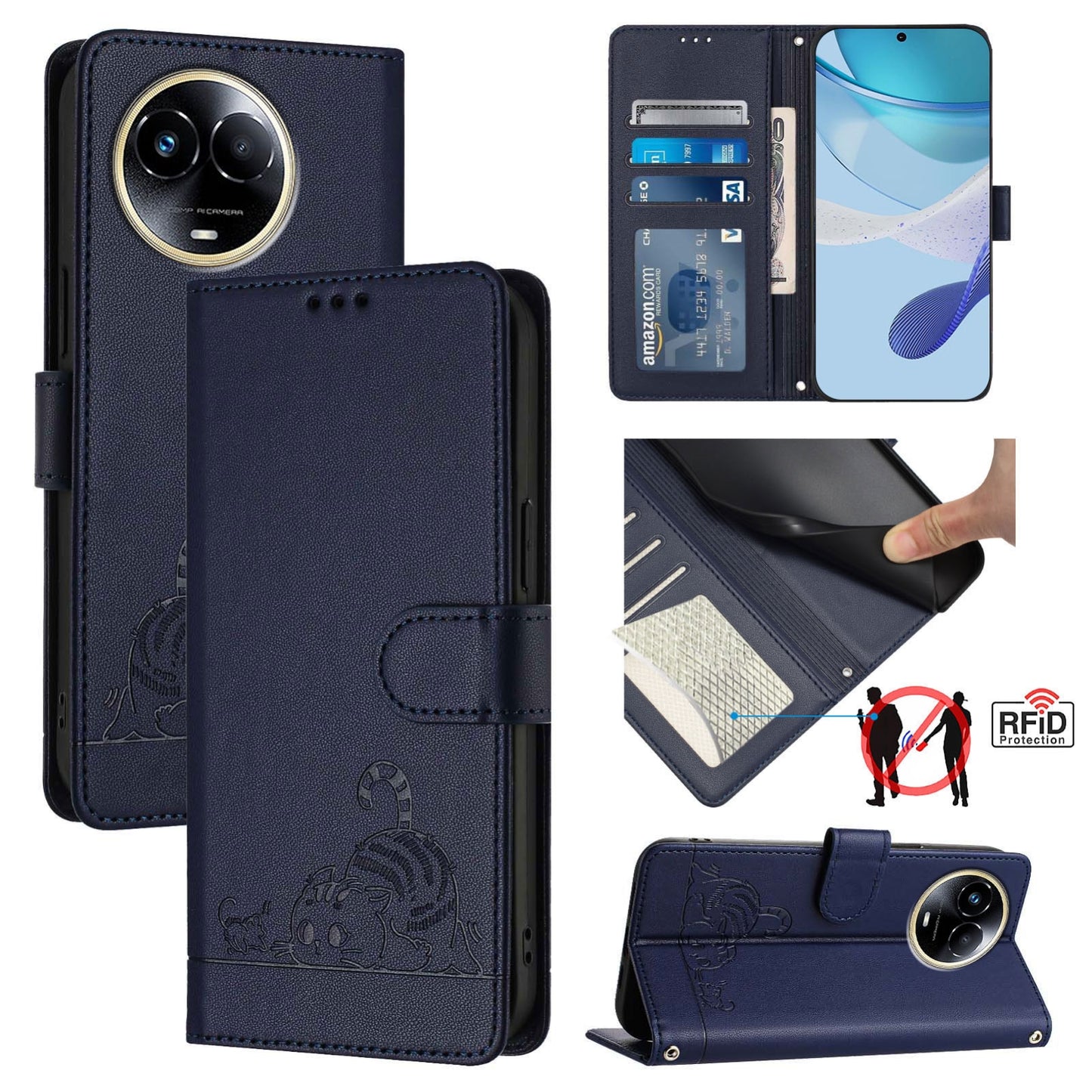 Realme 11 5G Global Cat and Mouse Embossed PU Leather RFID Case with Wallet Slots, Anti-Fall Protection, Kickstand, and Lanyard-buycases.co.uk