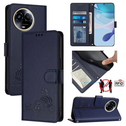 Realme 11 5G Global Cat and Mouse Embossed PU Leather RFID Case with Wallet Slots, Anti-Fall Protection, Kickstand, and Lanyard-buycases.co.uk