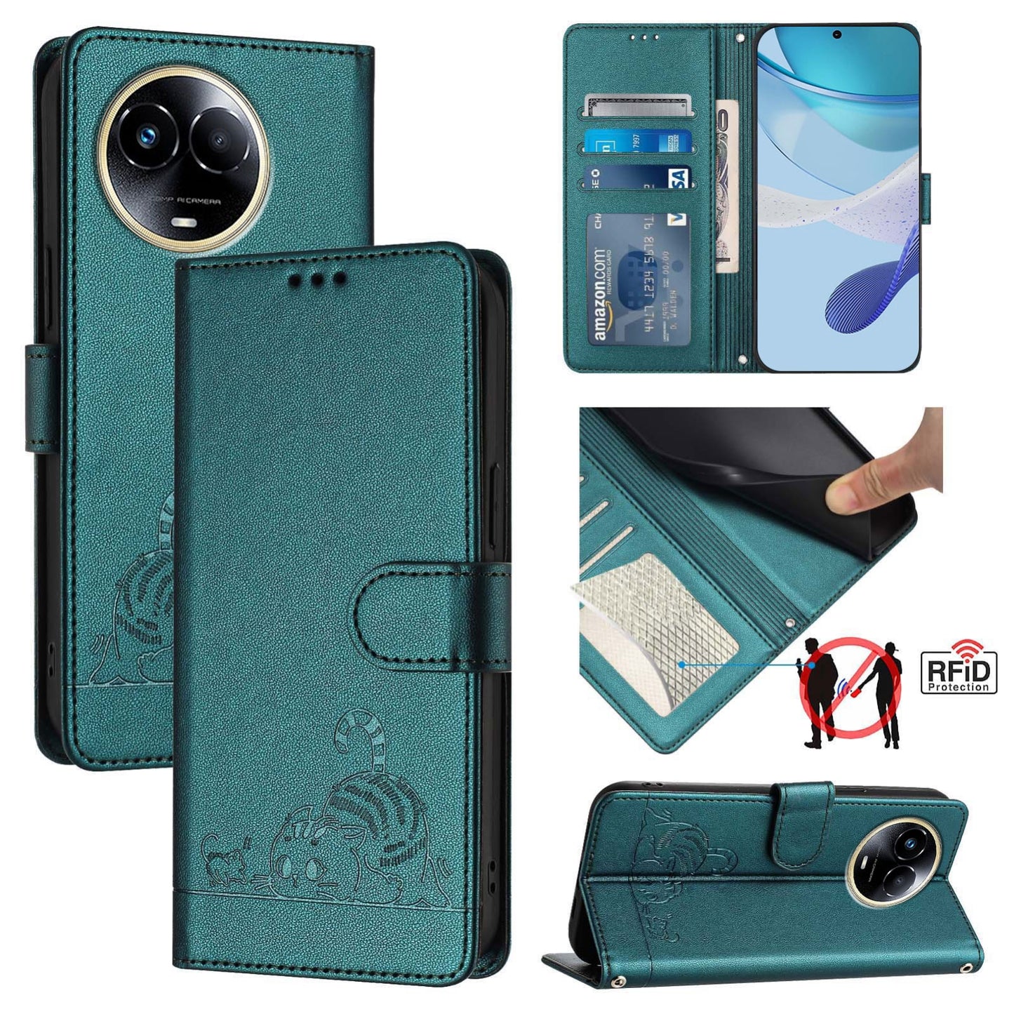 Realme C67 5G Cat and Mouse Embossed PU Leather RFID Case with Wallet Slots, Anti-Fall Protection, Kickstand, and Lanyard-buycases.co.uk