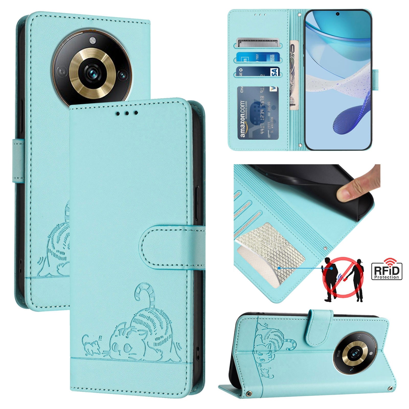 Realme Narzo 60 Pro Global Cat and Mouse Embossed PU Leather RFID Case with Wallet Slots, Anti-Fall Protection, Kickstand, and Lanyard-buycases.co.uk
