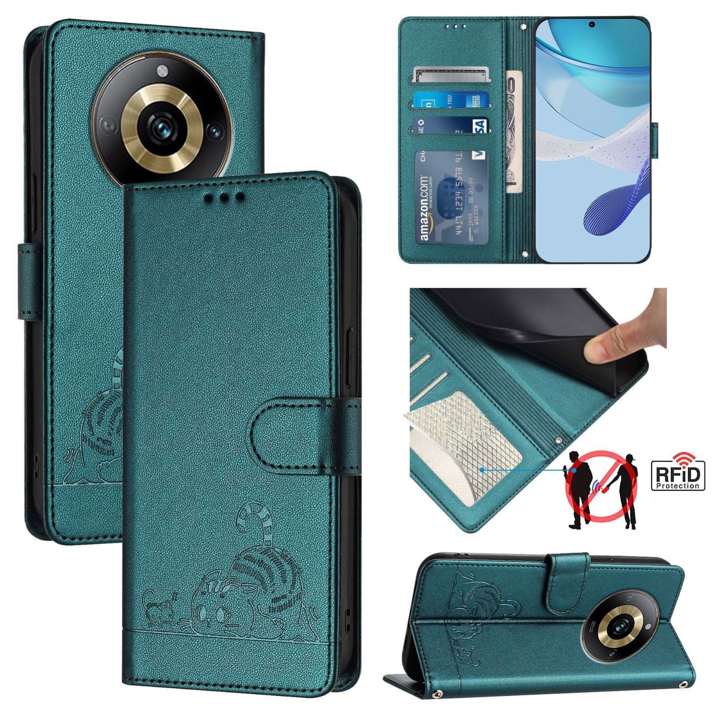 Realme Narzo 60 Pro Global Cat and Mouse Embossed PU Leather RFID Case with Wallet Slots, Anti-Fall Protection, Kickstand, and Lanyard-buycases.co.uk