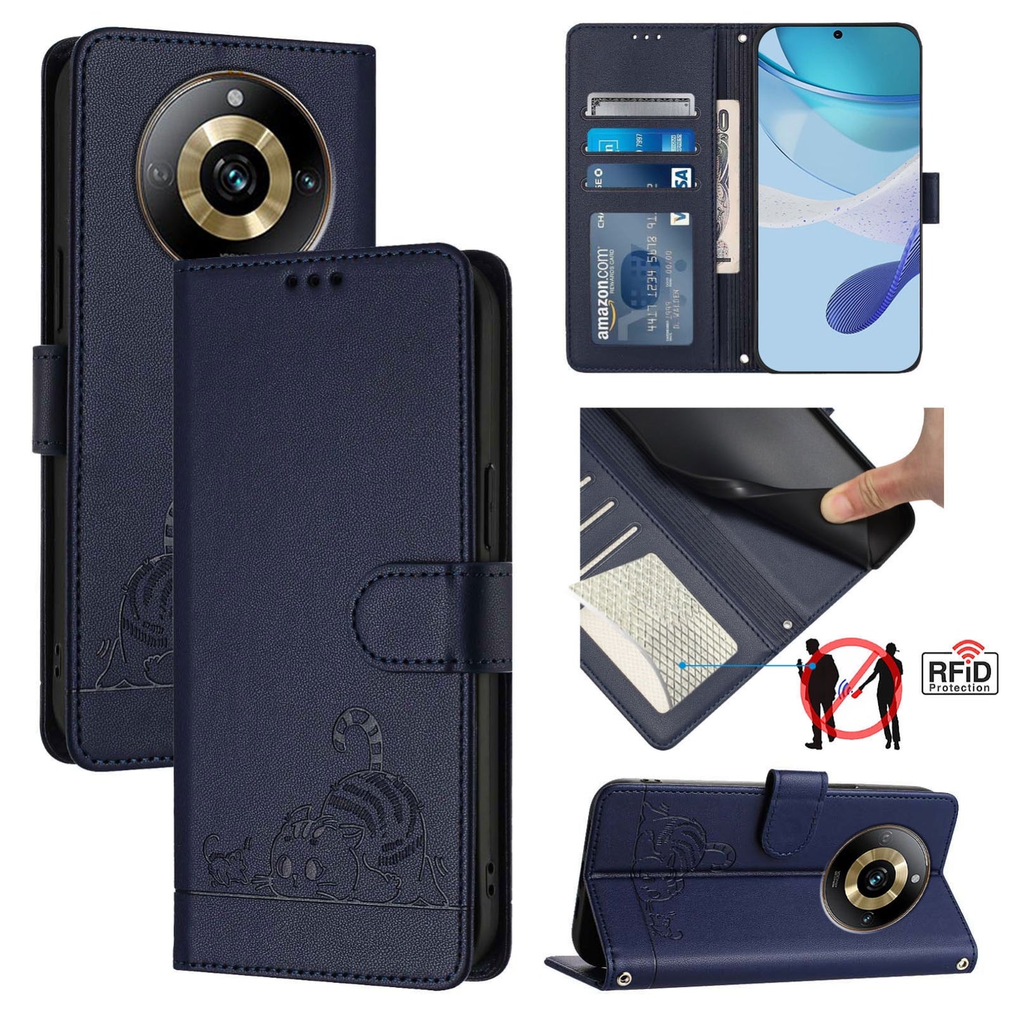 Realme Narzo 60 Pro Global Cat and Mouse Embossed PU Leather RFID Case with Wallet Slots, Anti-Fall Protection, Kickstand, and Lanyard-buycases.co.uk