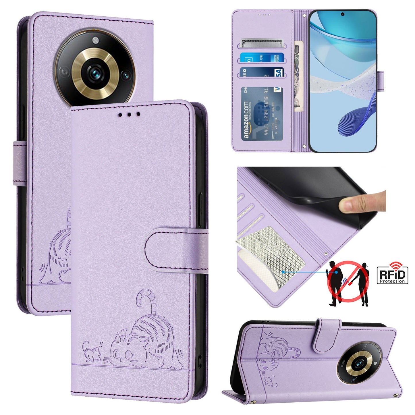 Realme Narzo 60 Pro Global Cat and Mouse Embossed PU Leather RFID Case with Wallet Slots, Anti-Fall Protection, Kickstand, and Lanyard-buycases.co.uk