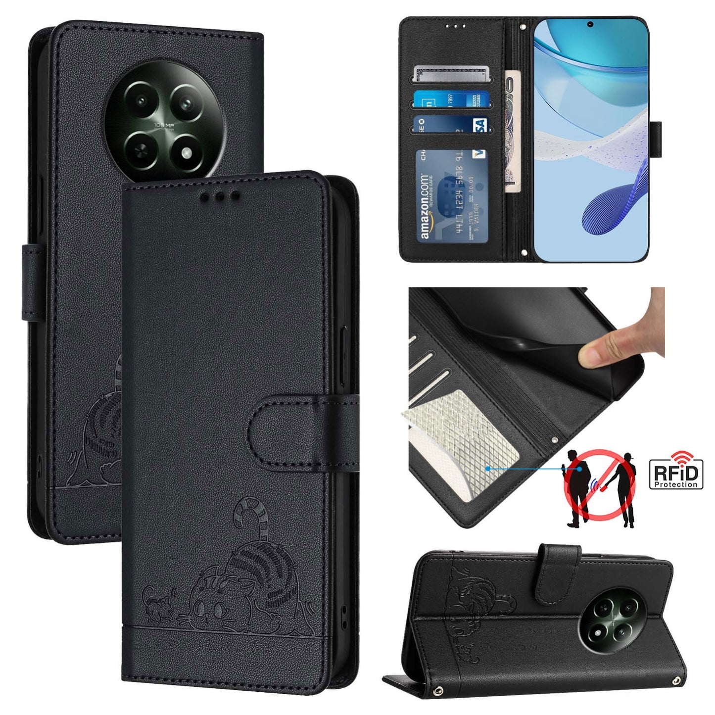 Realme 12 5G Global Cat and Mouse Embossed PU Leather RFID Case with Wallet Slots, Anti-Fall Protection, Kickstand, and Lanyard-buycases.co.uk