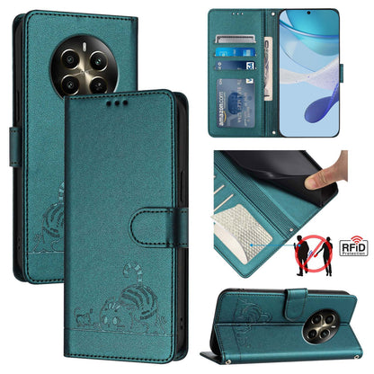 Realme 12+ 5G Global Cat and Mouse Embossed PU Leather RFID Case with Wallet Slots, Anti-Fall Protection, Kickstand, and Lanyard-buycases.co.uk