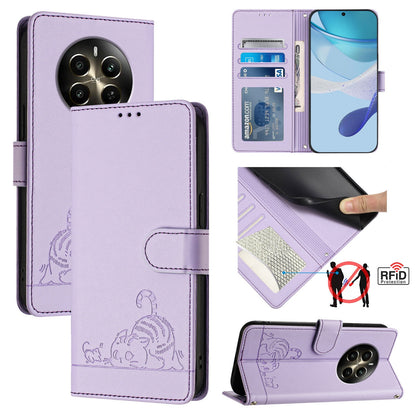 Realme 12+ 5G Global Cat and Mouse Embossed PU Leather RFID Case with Wallet Slots, Anti-Fall Protection, Kickstand, and Lanyard-buycases.co.uk