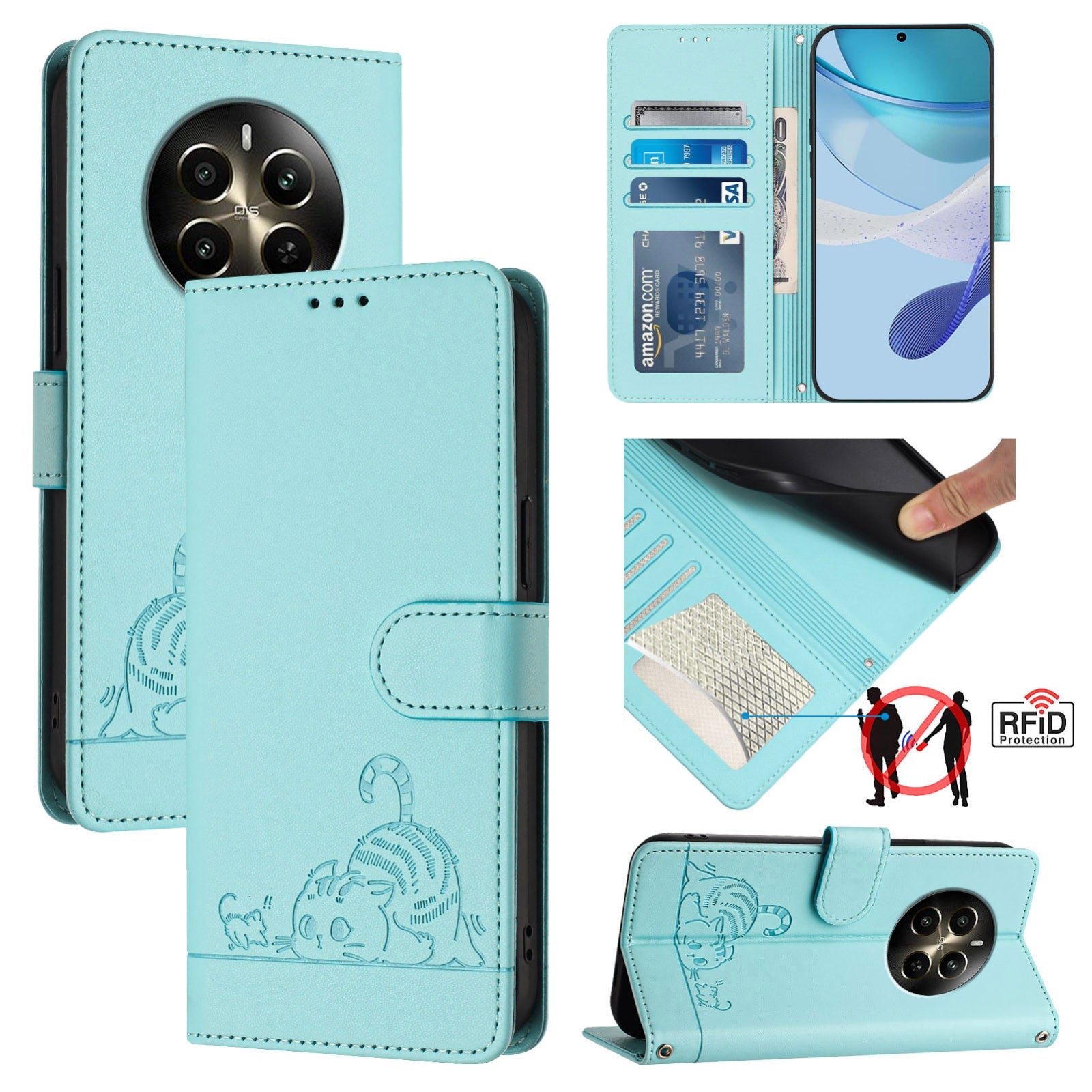 Realme Narzo 70 Pro 5G Cat and Mouse Embossed PU Leather RFID Case with Wallet Slots, Anti-Fall Protection, Kickstand, and Lanyard-buycases.co.uk