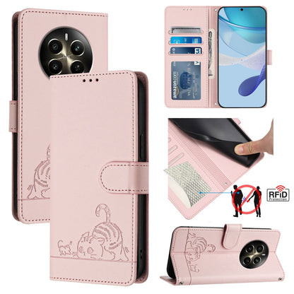 Realme Narzo 70 Pro 5G Cat and Mouse Embossed PU Leather RFID Case with Wallet Slots, Anti-Fall Protection, Kickstand, and Lanyard-buycases.co.uk