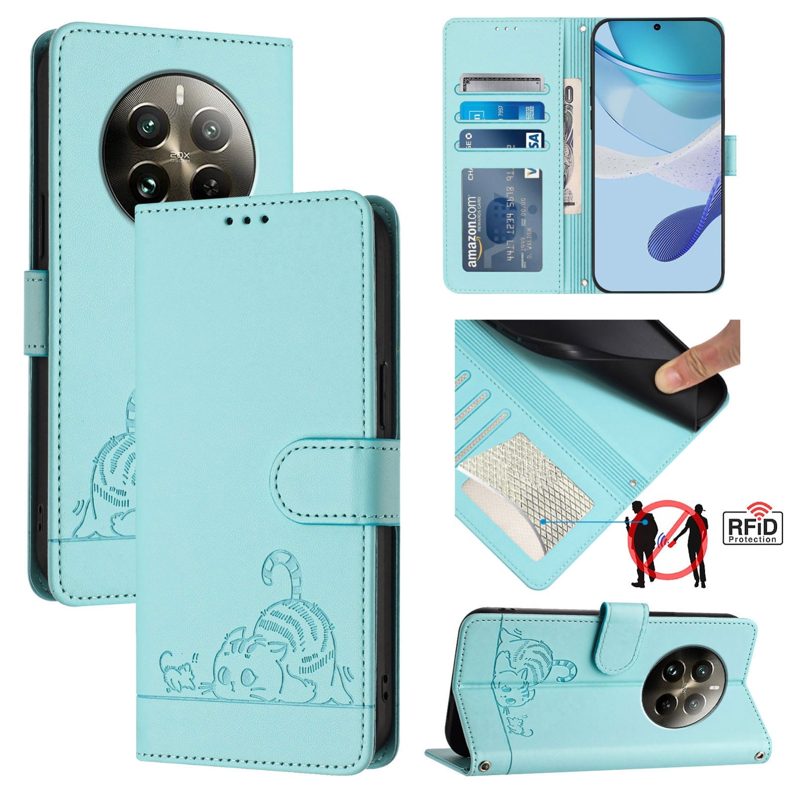 Realme 12 Pro 5G Global Cat and Mouse Embossed PU Leather RFID Case with Wallet Slots, Anti-Fall Protection, Kickstand, and Lanyard-buycases.co.uk
