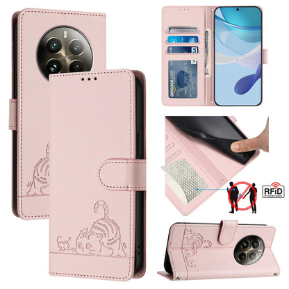 Realme 12 Pro 5G Global Cat and Mouse Embossed PU Leather RFID Case with Wallet Slots, Anti-Fall Protection, Kickstand, and Lanyard-buycases.co.uk