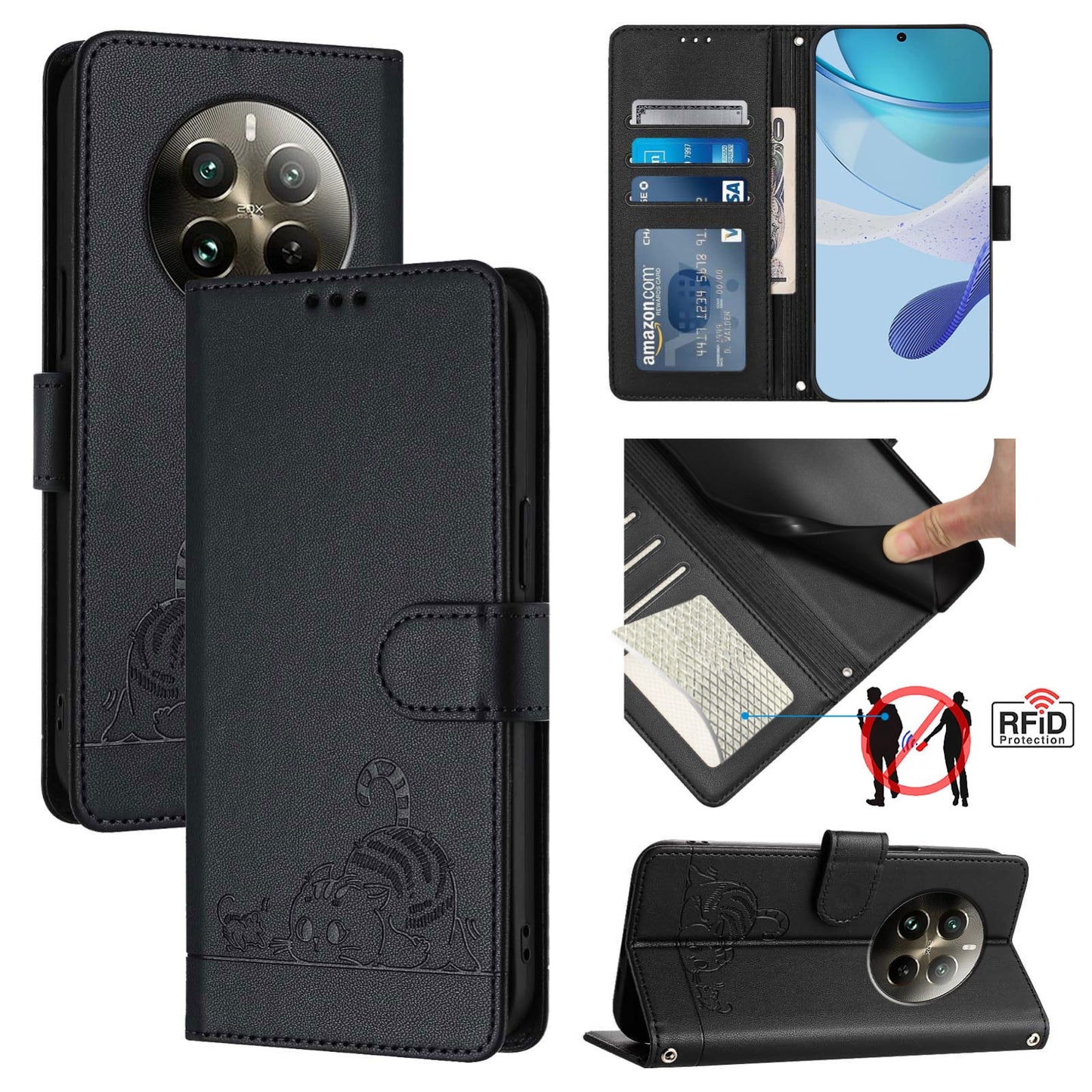 Realme 12 Pro 5G Global Cat and Mouse Embossed PU Leather RFID Case with Wallet Slots, Anti-Fall Protection, Kickstand, and Lanyard-buycases.co.uk