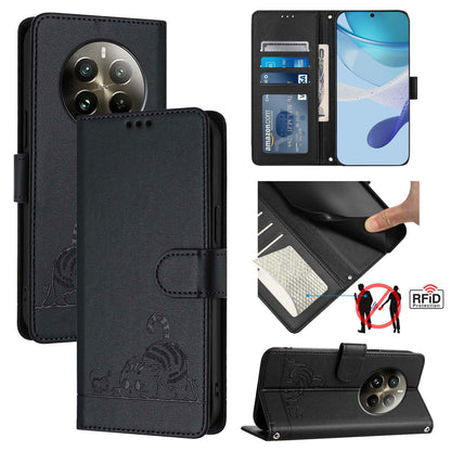 Realme 12 Pro 5G Global Cat and Mouse Embossed PU Leather RFID Case with Wallet Slots, Anti-Fall Protection, Kickstand, and Lanyard-buycases.co.uk
