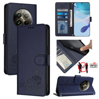 Realme 12 Pro 5G Global Cat and Mouse Embossed PU Leather RFID Case with Wallet Slots, Anti-Fall Protection, Kickstand, and Lanyard-buycases.co.uk