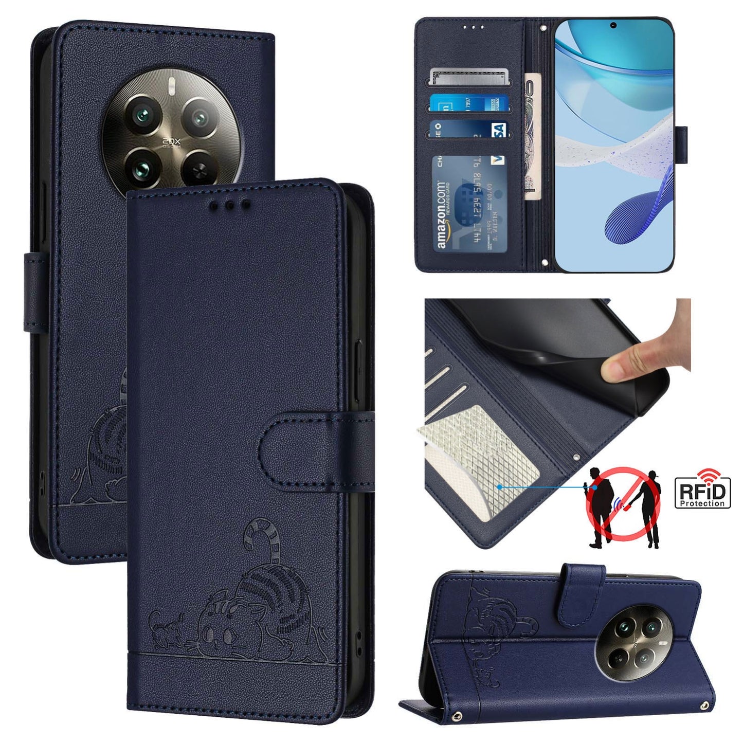 Realme 12 Pro+ 5G Global Cat and Mouse Embossed PU Leather RFID Case with Wallet Slots, Anti-Fall Protection, Kickstand, and Lanyard-buycases.co.uk