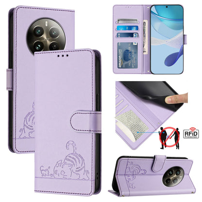 Realme 12 Pro+ 5G Global Cat and Mouse Embossed PU Leather RFID Case with Wallet Slots, Anti-Fall Protection, Kickstand, and Lanyard-buycases.co.uk