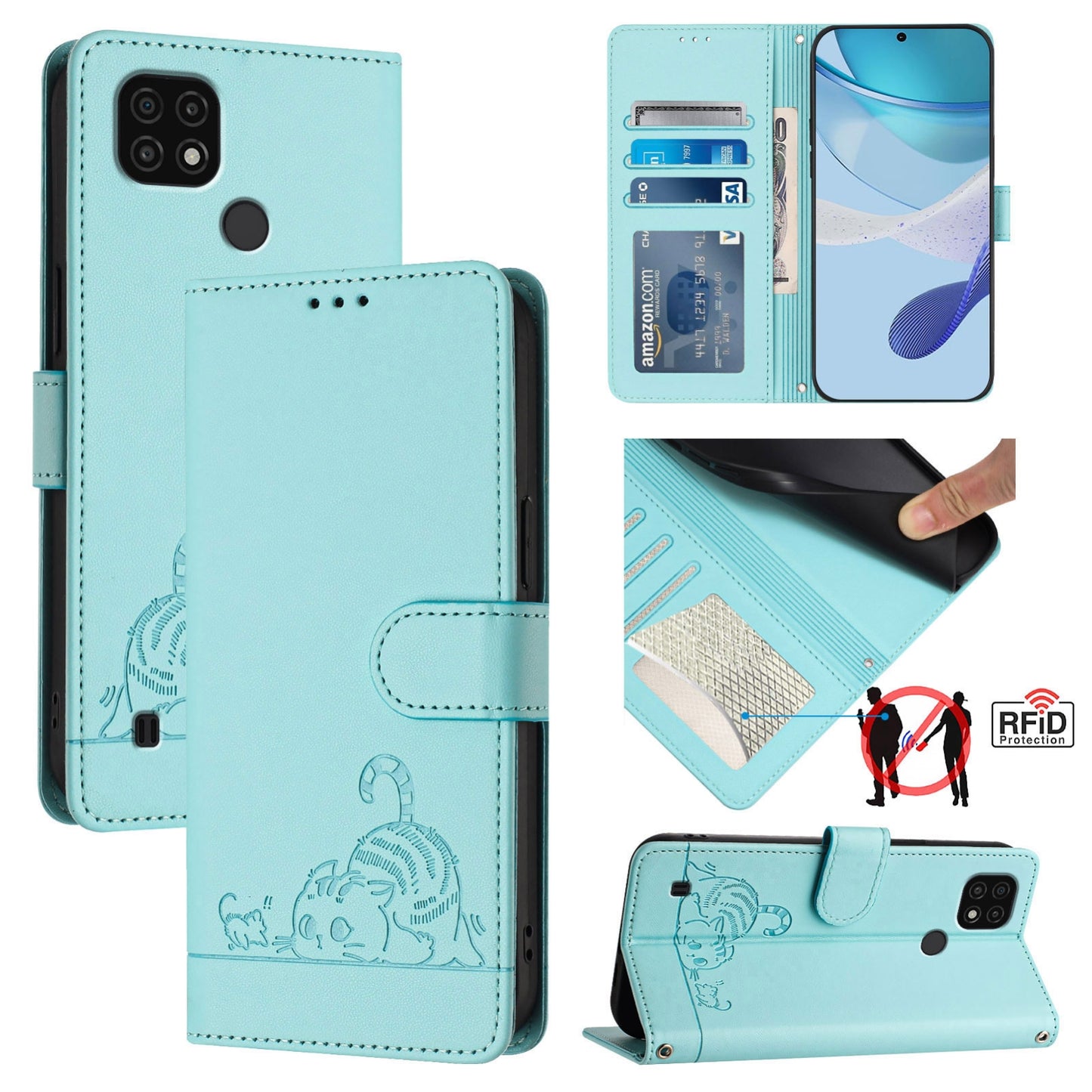 Realme C21 Cat and Mouse Embossed PU Leather RFID Case with Wallet Slots, Anti-Fall Protection, Kickstand, and Lanyard-buycases.co.uk