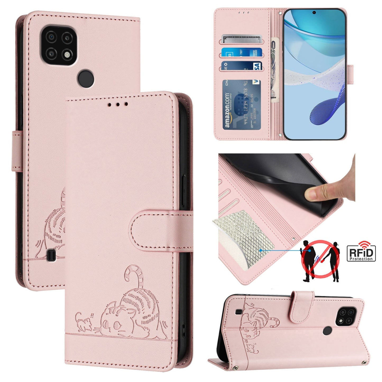 Realme C20 Cat and Mouse Embossed PU Leather RFID Case with Wallet Slots, Anti-Fall Protection, Kickstand, and Lanyard-buycases.co.uk