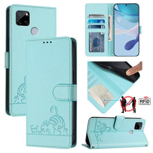 Realme C25 Cat and Mouse Embossed PU Leather RFID Case with Wallet Slots, Anti-Fall Protection, Kickstand, and Lanyard-buycases.co.uk