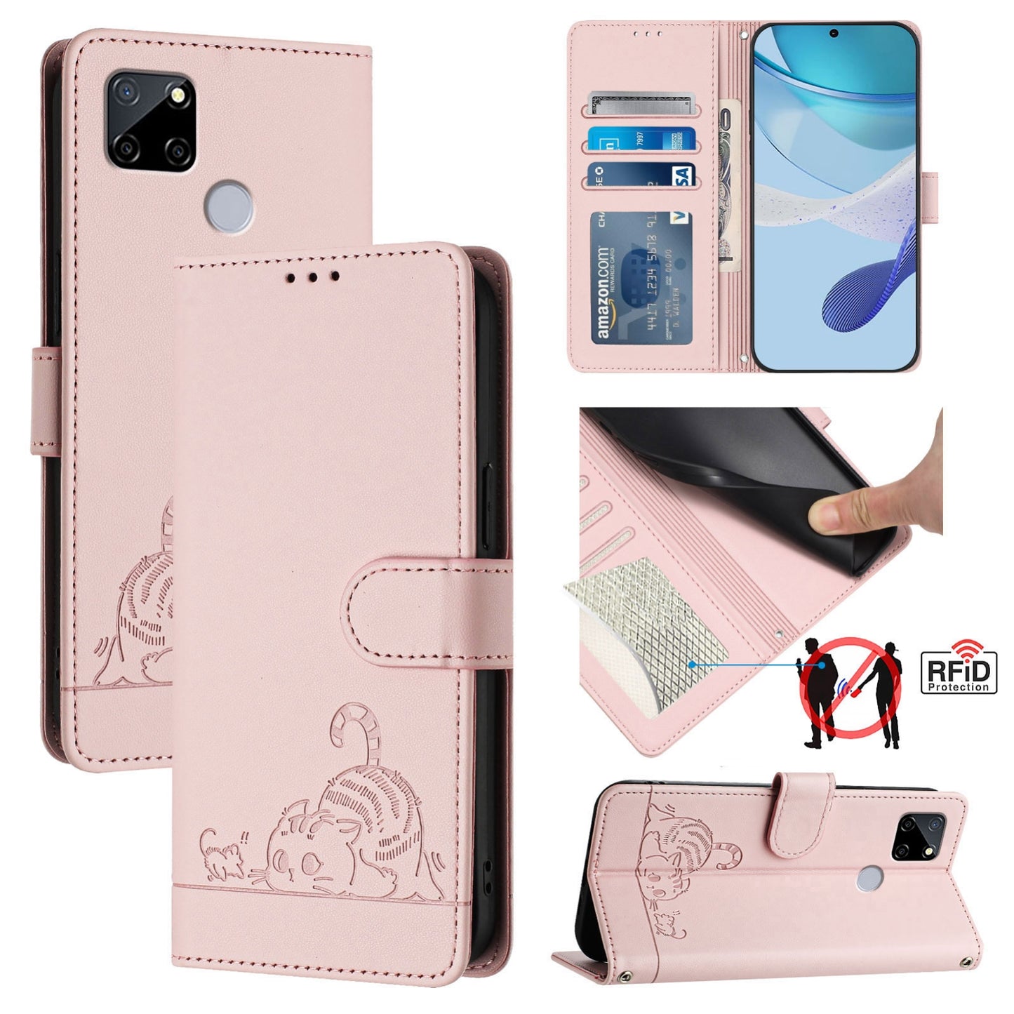Realme 7i Global Cat and Mouse Embossed PU Leather RFID Case with Wallet Slots, Anti-Fall Protection, Kickstand, and Lanyard-buycases.co.uk