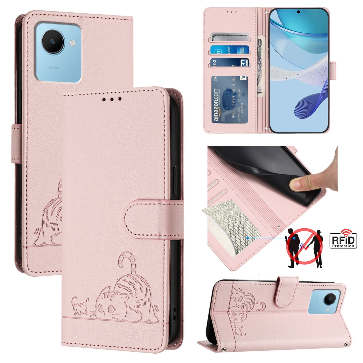 Realme Narzo 50i Prime Cat and Mouse Embossed PU Leather RFID Case with Wallet Slots, Anti-Fall Protection, Kickstand, and Lanyard-buycases.co.uk