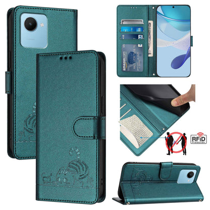 Realme C30 4G Cat and Mouse Embossed PU Leather RFID Case with Wallet Slots, Anti-Fall Protection, Kickstand, and Lanyard-buycases.co.uk