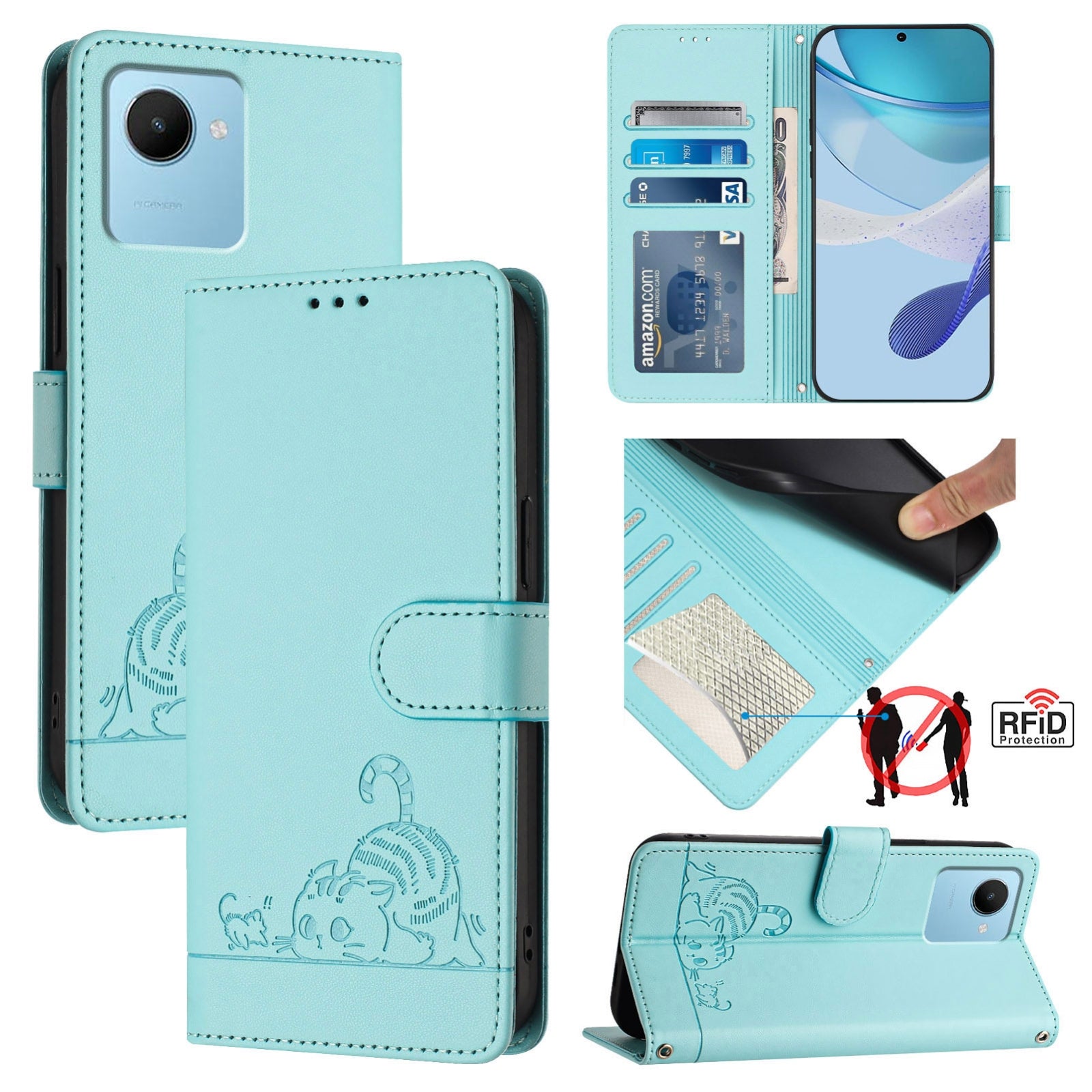 Realme C30S Cat and Mouse Embossed PU Leather RFID Case with Wallet Slots, Anti-Fall Protection, Kickstand, and Lanyard-buycases.co.uk
