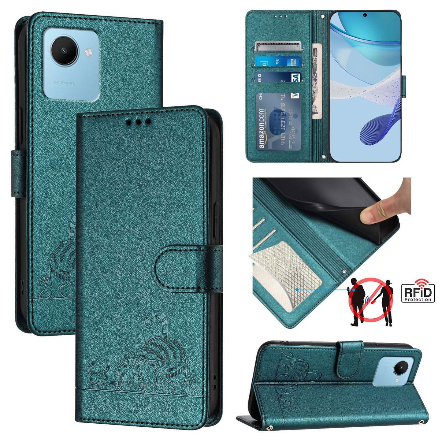Realme C30S Cat and Mouse Embossed PU Leather RFID Case with Wallet Slots, Anti-Fall Protection, Kickstand, and Lanyard-buycases.co.uk