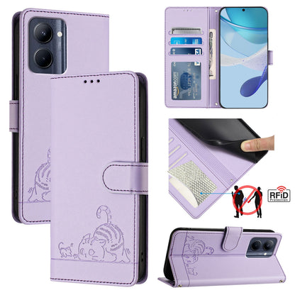 Realme C33 2022 Global Cat and Mouse Embossed PU Leather RFID Case with Wallet Slots, Anti-Fall Protection, Kickstand, and Lanyard-buycases.co.uk