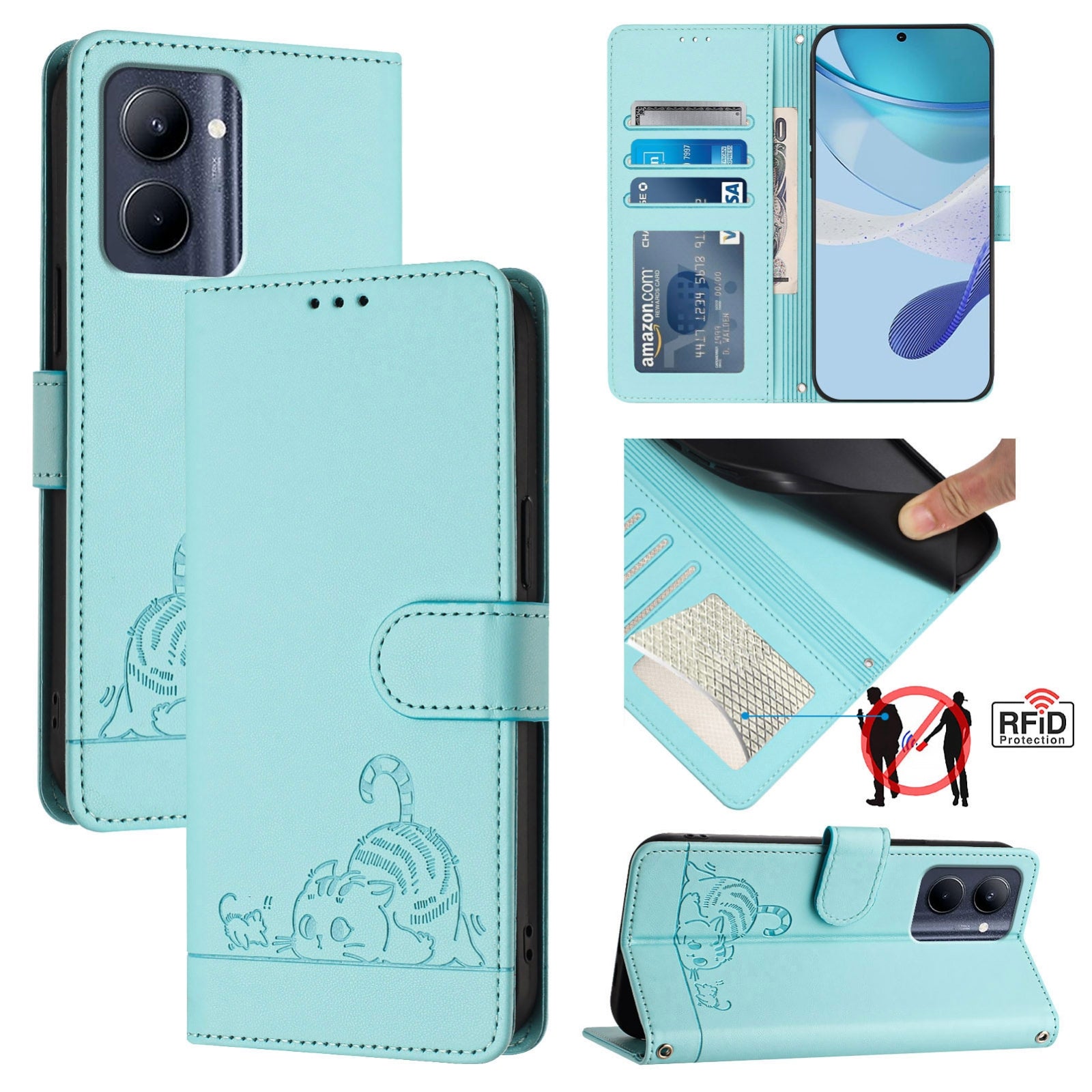 Realme C33 2023 Global Cat and Mouse Embossed PU Leather RFID Case with Wallet Slots, Anti-Fall Protection, Kickstand, and Lanyard-buycases.co.uk