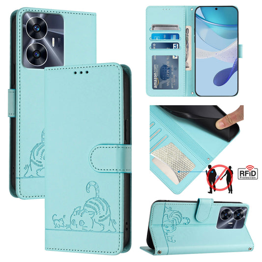 Realme C55 4G Global Cat and Mouse Embossed PU Leather RFID Case with Wallet Slots, Anti-Fall Protection, Kickstand, and Lanyard-buycases.co.uk