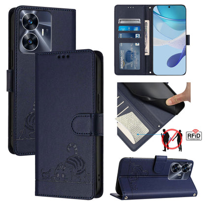 Realme C55 4G Global Cat and Mouse Embossed PU Leather RFID Case with Wallet Slots, Anti-Fall Protection, Kickstand, and Lanyard-buycases.co.uk