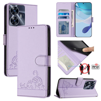 Realme C55 4G Global Cat and Mouse Embossed PU Leather RFID Case with Wallet Slots, Anti-Fall Protection, Kickstand, and Lanyard-buycases.co.uk
