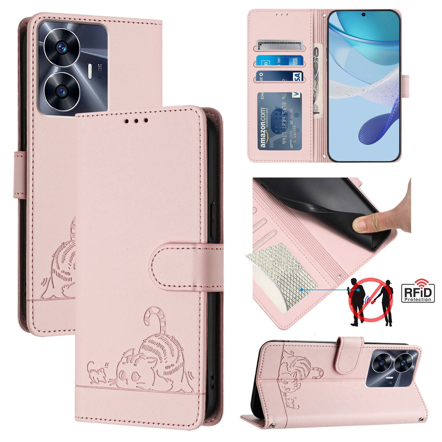 Realme Narzo N55 Cat and Mouse Embossed PU Leather RFID Case with Wallet Slots, Anti-Fall Protection, Kickstand, and Lanyard-buycases.co.uk