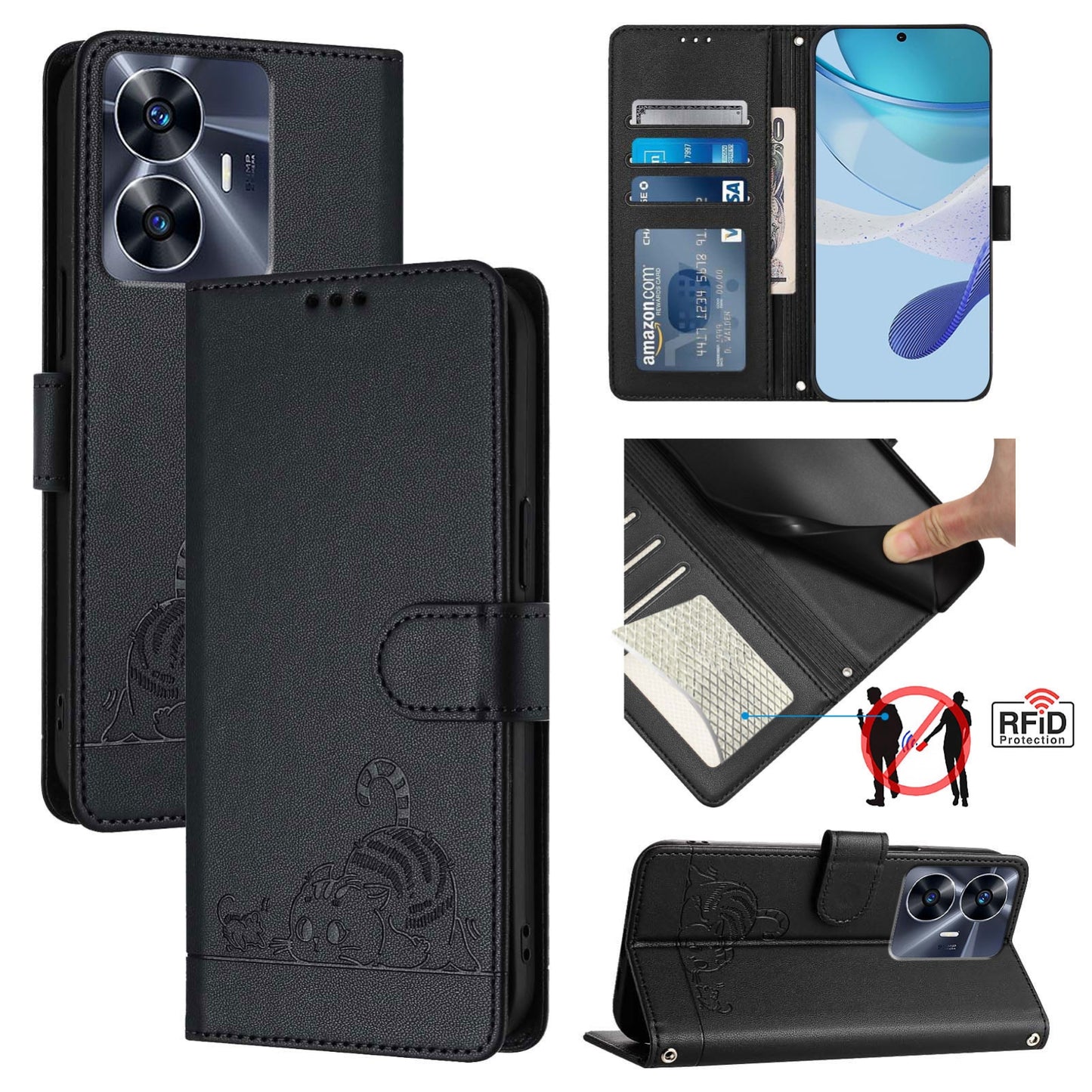 Realme Narzo N55 Cat and Mouse Embossed PU Leather RFID Case with Wallet Slots, Anti-Fall Protection, Kickstand, and Lanyard-buycases.co.uk