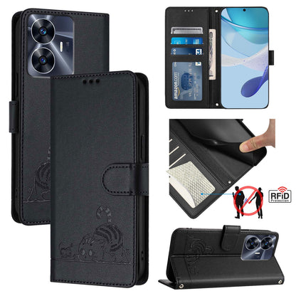 Realme Narzo N55 Cat and Mouse Embossed PU Leather RFID Case with Wallet Slots, Anti-Fall Protection, Kickstand, and Lanyard-buycases.co.uk