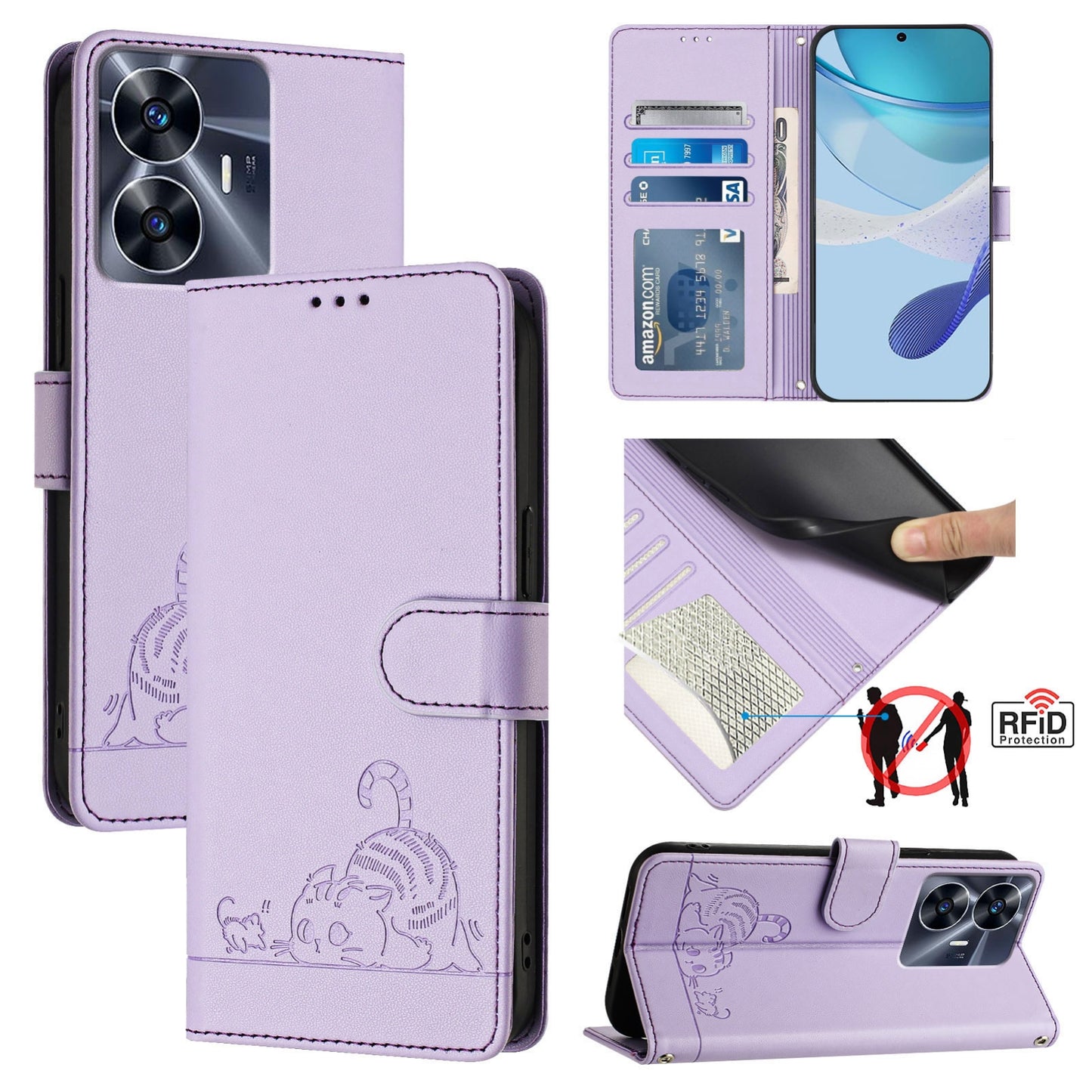 Realme Narzo N55 Cat and Mouse Embossed PU Leather RFID Case with Wallet Slots, Anti-Fall Protection, Kickstand, and Lanyard-buycases.co.uk