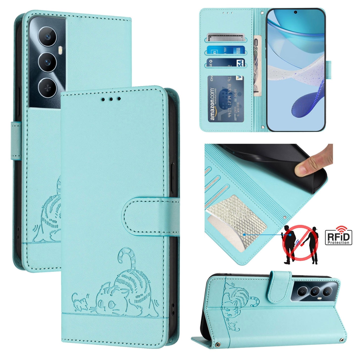 Realme C65 4G Global Cat and Mouse Embossed PU Leather RFID Case with Wallet Slots, Anti-Fall Protection, Kickstand, and Lanyard-buycases.co.uk