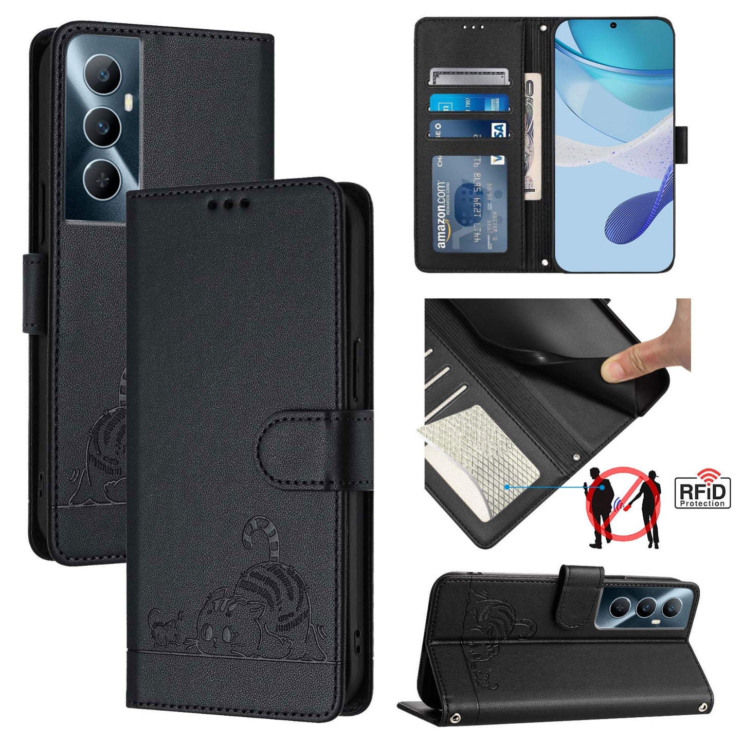 Realme C65 4G Global Cat and Mouse Embossed PU Leather RFID Case with Wallet Slots, Anti-Fall Protection, Kickstand, and Lanyard-buycases.co.uk