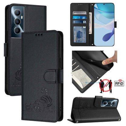 Realme C65 4G Global Cat and Mouse Embossed PU Leather RFID Case with Wallet Slots, Anti-Fall Protection, Kickstand, and Lanyard-buycases.co.uk