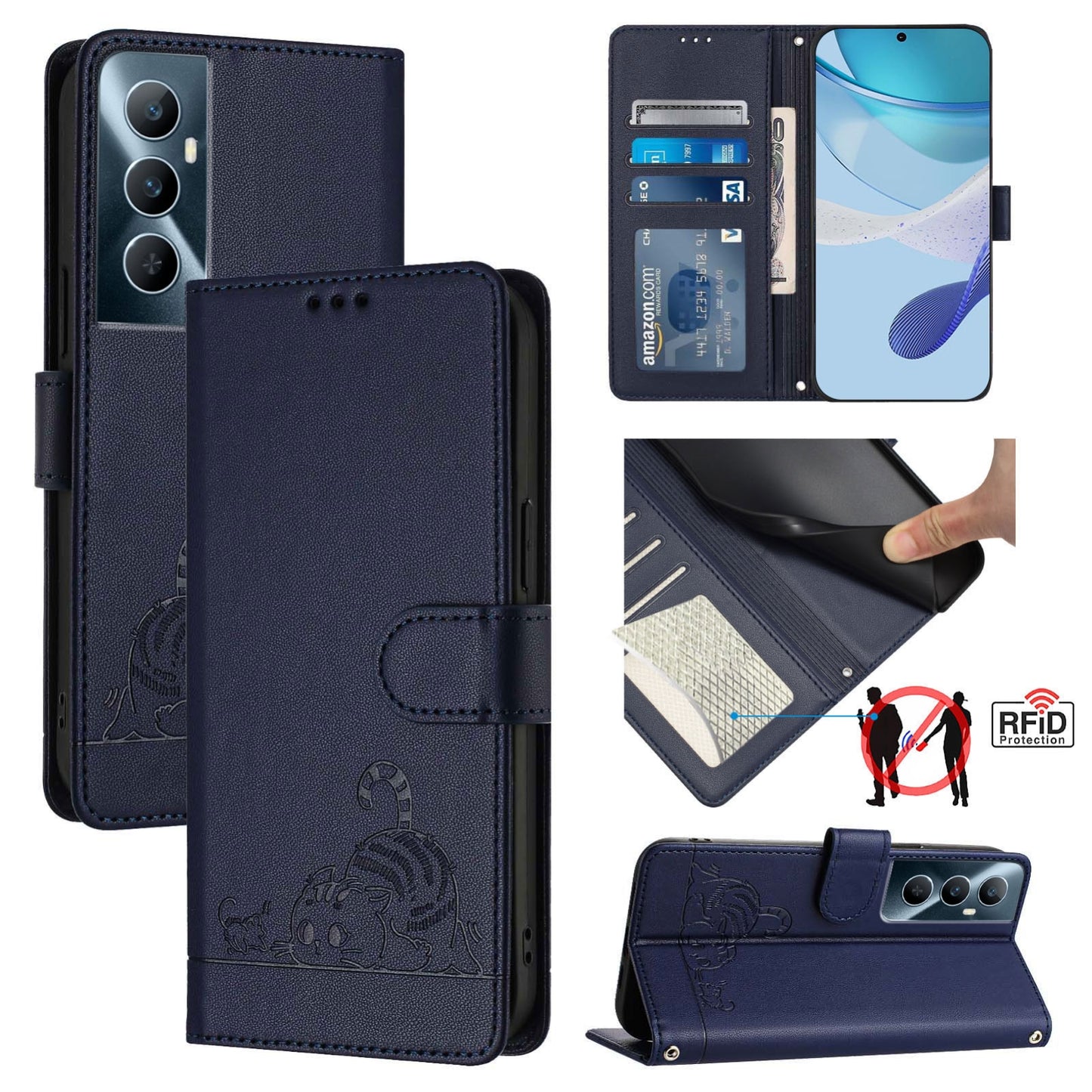 Realme C65 4G Global Cat and Mouse Embossed PU Leather RFID Case with Wallet Slots, Anti-Fall Protection, Kickstand, and Lanyard-buycases.co.uk